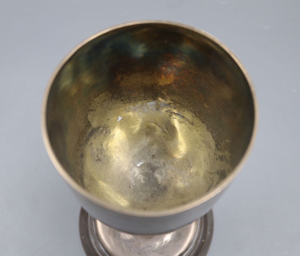 A Victorian silver presentation trophy goblet, engraved with a Penny Farthing, Birmingham, 1879, 22.6cm, weighted,